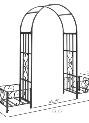 6.7' Steel Garden Arch Arbor with Scrollwork Hearts, Planter Boxes for Climbing Vines, Ceremony, Weddings, Party, Backyard, Lawn, Dark Gray