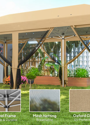 10' x 20' Pop Up Canopy Tent with Netting, Heavy Duty Instant Sun Shelter, Large Tents for Parties with Carry Bag for Outdoor, Garden, Patio, Beige