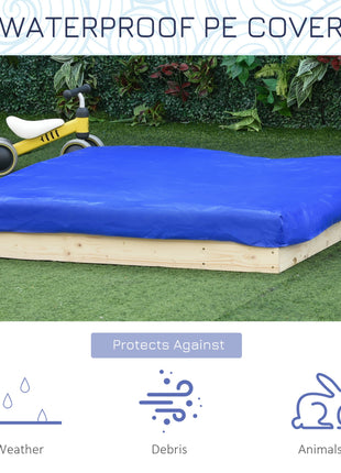 Kids Wooden Sandbox w/ Two Plastic Boxes Foldable Bench Seat Waterproof Cover Bottom Liner Storage Space