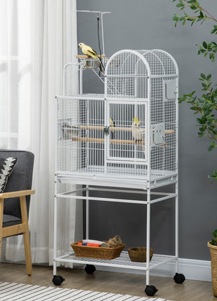 55" Large Parrot Cage with Toy Hooks Above Top Bird Perch, Tray, Food Cups, Rolling Stand, Bird Cage for Cockatiels, Parakeets, Lovebirds