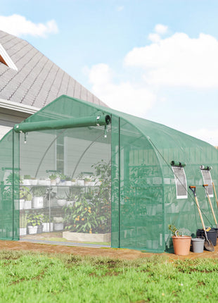 10'x11'x6' Walk-in Tunnel Greenhouse with Shelves, Mesh Door and Windows, Plant Hot House with PE Cover, Green