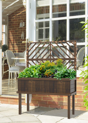 Elevated Wood Planter with Trellis for Climbing Plants, Raised Garden Bed with Legs and Drainage Holes, Carbonized