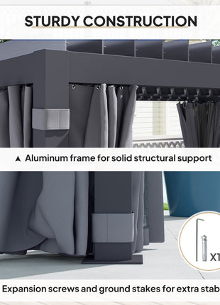 10' x 13' Outdoor Retractable Pergola w/ Sun Shade Louvered Top, Pergola w/ Canopy, Curtains, Netting, Dark Gray