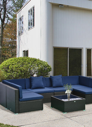 7 Piece Patio Furniture Set, Wicker Outdoor Sectional Sofa Set, All Weather PE Rattan Outdoor Furniture Conversation Sets with Cushions, Glass Top Coffee Table, Pillows, Dark Blue