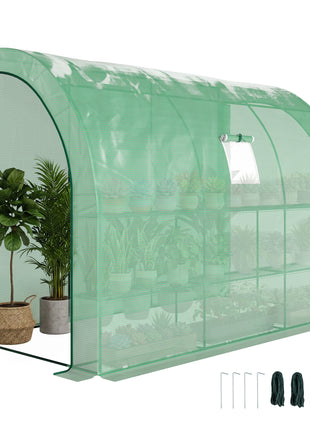10' x 5' x 7' Lean to Greenhouse, Walk-In Green House, Plant Nursery with 2 Roll-up Doors and Windows, PE Cover and 3 Wire Shelves, Green