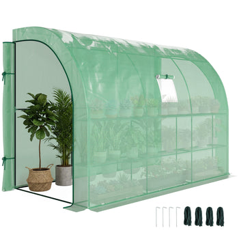 10' x 5' x 7' Lean to Greenhouse, Walk-In Green House, Plant Nursery with 2 Roll-up Doors and Windows, PE Cover and 3 Wire Shelves, Green