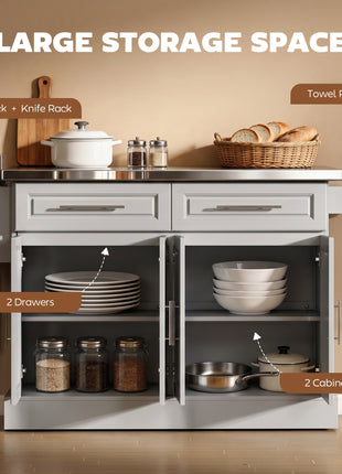 Rolling Kitchen Island Cart with 47" Stainless Steel Top, Portable Island Table for Kitchen with Wheels, Adjustable Shelves, 2 Drawers, Spice, Knife and Towel Rack, Gray