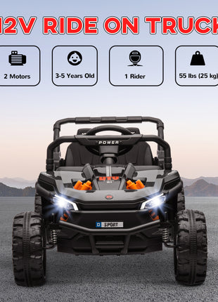 12V Ride On Truck, Battery Powered Electric Car for Kids w/ Remote Control, 4-Wheel Suspension & LED Lights, Black