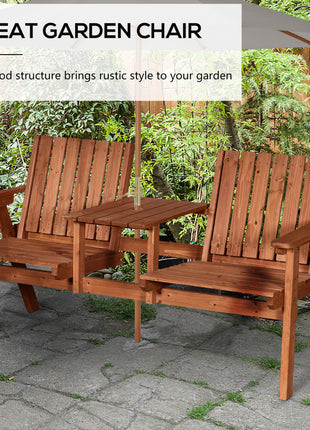 Patio Bench, Garden Bench with Middle Table and Umbrella Hole, Wooden Outdoor Bench for Patio, Porch, Poolside, Balcony, Orange