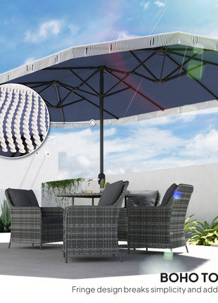 15ft Rectangle Patio Umbrella UPF30+ Extra Large Outdoor Umbrella with Fringe and Crank Handle, Dark Blue