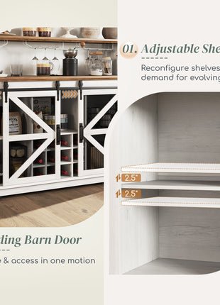 55" Coffee Bar Cabinet with Lights, Farmhouse Wine Cabinet with Wine and Glass Racks for Kitchen, Dining Room, White