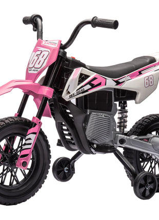 12V Kids Electric Motorcycle w/ Twist Grip Throttle, Training Wheels, Rear Suspension & Music, Pink