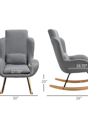 Modern Rocking Chair with Removable Lumbar Pillow Fabric Sofa Armchair with Thick Padding, Metal Frame, Wood Base for Living Room, Light Gray