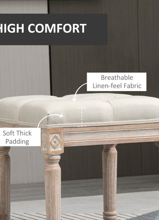 Ottoman Bench Vintage Footrest w/ Button Tufted Seat, Carved Wooden Legs, Beige