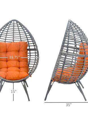 Patio Wicker Egg Chair w/ Soft Cushion, Teardrop Cuddle Seat, Outdoor / Indoor Patio Chair, PE Plastic Rattan Furniture with Adjustable Height Feet Pads, Orange
