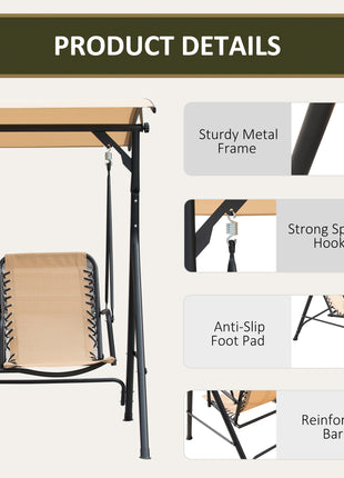 2 Person Porch Swing with Canopy, Storage Table, Cup Holder, Beige