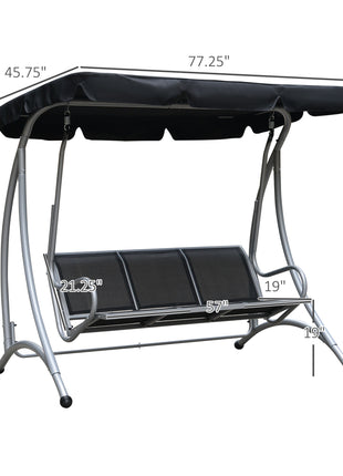 3-Seat Outdoor Porch Swing Chair, Patio Swing Glider with Adjustable Canopy, Breathable Seat, and Steel Frame for Garden, Poolside, Backyard, Black