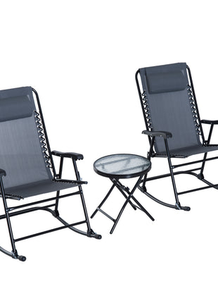 Outdoor Folding Rocking Chair Patio Table Seating Set, 2 Rocking Chairs with Armrests and 1 Side Table with Tempered Glass - Gray