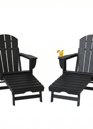 Folding Adirondack Chair Set of 2, HDPE Fire Pit Chair with Retractable Ottoman and Cup Holder, Black