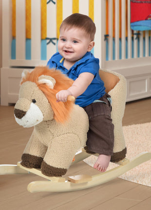 Baby Rocking Horse Lion with Sound, Plush Stuffed Rocking Animals, Wooden Rocking Horse with Seat Belt for 18-36 Months Boys and Girls Gift, Brown
