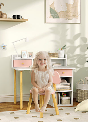 Kids Study Desk with Storage, Kids Desk and Chair Set for Bedroom & Study Room, Girls Boys Aged 3-8 Years, Pink