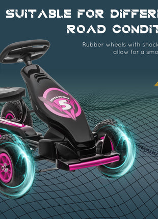 Ergonomic Pedal Go Kart Kids Ride-on Toy with Tough, Wear-Resistant Tread for Boys & Girls, Ages 5-12, Pink