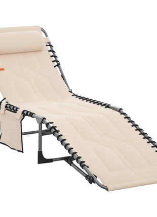 Padded Folding Chaise Lounge Chair, Outdoor 6-Level Reclining Camping Tanning Chair with Headrest for Beach, Yard, Patio, Pool, Beige