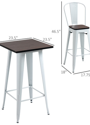 3 Piece Industrial Dining Table Set, Bar Height Bar Table and Chairs Set with Footrests for Bistro, White and Brown