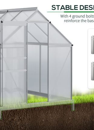 8' x 6' Aluminum Outdoor Greenhouse, Polycarbonate Walk-in Garden Greenhouse Kit with Adjustable Roof Vent, Rain Gutter and Sliding Door for Winter, Silver