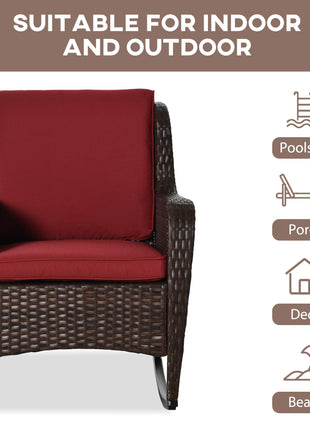 Outdoor Wicker Rocking Chair, Rattan Rocker with Cushions, Steel Frame for Patio, Garden, Backyard, Wine Red