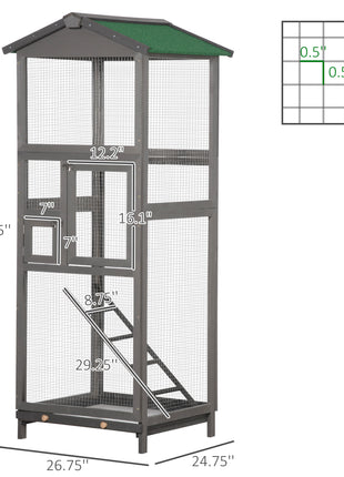 65" Wooden Bird Cage Outdoor Aviary House for Parrot, Parakeet, with Pull Out Tray and 2 Doors, Grey