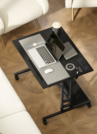 Adjustable Standing Desk with Power Outlets, Stand Up Desk with Tiltable Tabletop, Wheels, Shelf, for Home Office, Black