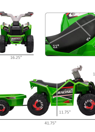 6V Electric Toy Car with Back Trailer, Forward Backward, Wear-Resistant Wheels for Ages 18-36 Months, Green