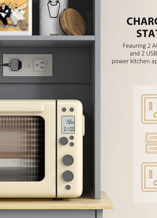 Kitchen Cabinet with Charging Station, 2 Tilt Out Cabinets, Microwave Stand, Freestanding Kitchen Pantry Cabinet, Gray