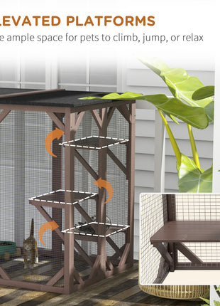 Outdoor Cat House, Catio Wooden Feral Cat Shelter, Cat Cage with Platforms, Large Enter Door, Weather Protection Asphalt Roof, 71" L, Brown