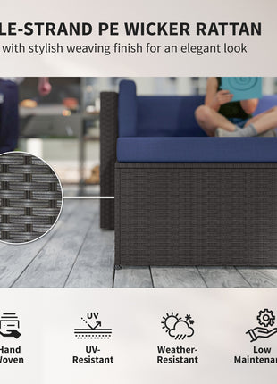 3 Piece Patio Furniture Set, Wicker Outdoor Patio Conversation Furniture Set with Cushions, Glass Top Table, Navy Blue