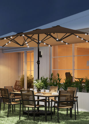 Garden Parasol 14.4 ft. Double-Sided Sun Umbrella with Base, Patio Parasol with LED Solar Lights, Khaki