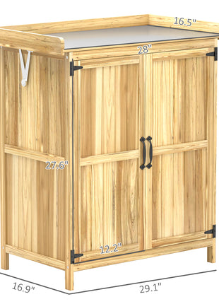 Outdoor Storage Cabinet, Garden Tool Shed with Metal Tabletop, Shelf, Wooden Potting Bench with 2 Doors, Natural Wood