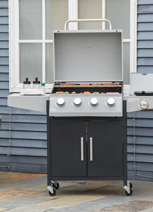52" Barbecue Grill with Wheels 4+1 Burner Liquid Propane Gas Grill Outdoor Cabinet Style BBQ Trolley w/ Side Burner, Warming Rack, Storage Cabinet