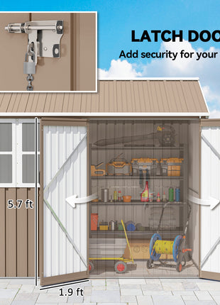 8' x 6' Metal Garden Storage Shed, Extra Large Outdoor Tool Storage House w/ Doors, Window and Air Vents, Brown