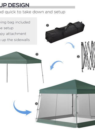 Slant Leg Pop Up Canopy Tent with Netting and Carry Bag, Instant Sun Shelter, Tents for Parties, Height Adjustable, for Outdoor, Garden, Patio, (11.5'x11.5' Base / 10'x10' Top), Green