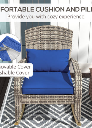 Adirondack Chair, Outdoor Wicker Rocking Chair with High Back, Seat Cushion, and Pillow for Porch, Balcony, Dark Blue