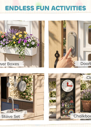 Outdoor Playhouse, Wooden Kids Playhouse with Dog Door, Cookware, Planter Box, Bell, Blackboard, Clock for Backyard