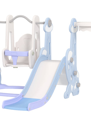 4 in 1 Toddler Slide and Swing Set for Ages 1.5-4, Toddler Playset Playground with Climber, Basketball Hoop, Light Blue