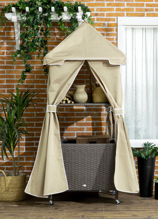 Outdoor Towel Valet Caddy,Covered Poolside Towel Holder Rack,Shelf,Rolling PE Rattan Wicker Storage on Wheels,Beige