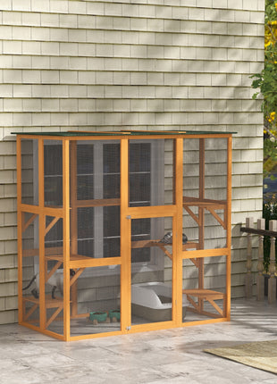 Outdoor Cat House Big Catio Wooden Feral Cat Shelter Enclosure with Large Spacious Interior, 6 High Ledges, Weather Protection Asphalt Roof, 71" L, Orange