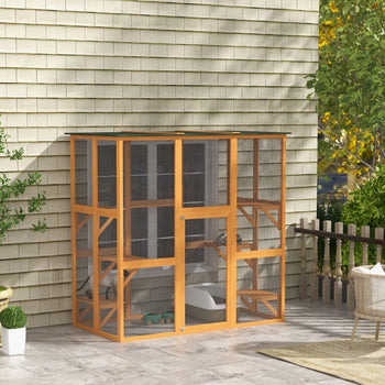 Outdoor Cat House Big Catio Wooden Feral Cat Shelter Enclosure with Large Spacious Interior, 6 High Ledges, Weather Protection Asphalt Roof, 71" L, Orange
