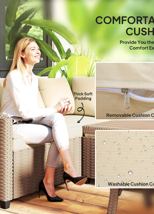 6 Piece Patio Furniture Set, PE Wicker Outdoor Furniture Conversation Set with 3 Sofas, 2 Ottomans and Slatted WPC Top Dining Table, All Weather Sectional Sofa Couch with Pillows, Khaki