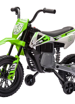12V Kids Electric Motorcycle w/ Twist Grip Throttle, Training Wheels, Rear Suspension & Music, Green