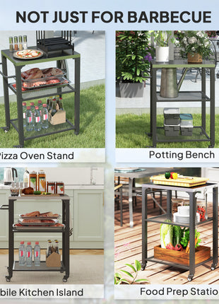 3-Shelf Outdoor Grill Cart with Stainless Steel Tabletop, Movable Pizza Oven Table with Hooks, Side Handle, Wheels